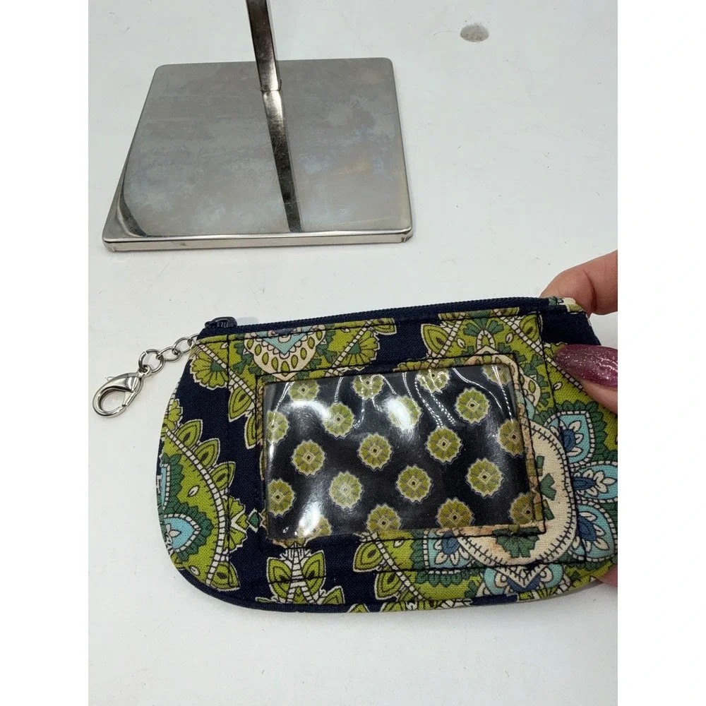 Vera Bradley Zip ID Case Provencal Blue Green Floral Paisley Keychain Wallet